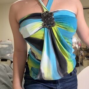 Three Hearts Multicolor Halter Top with Jewel Detail